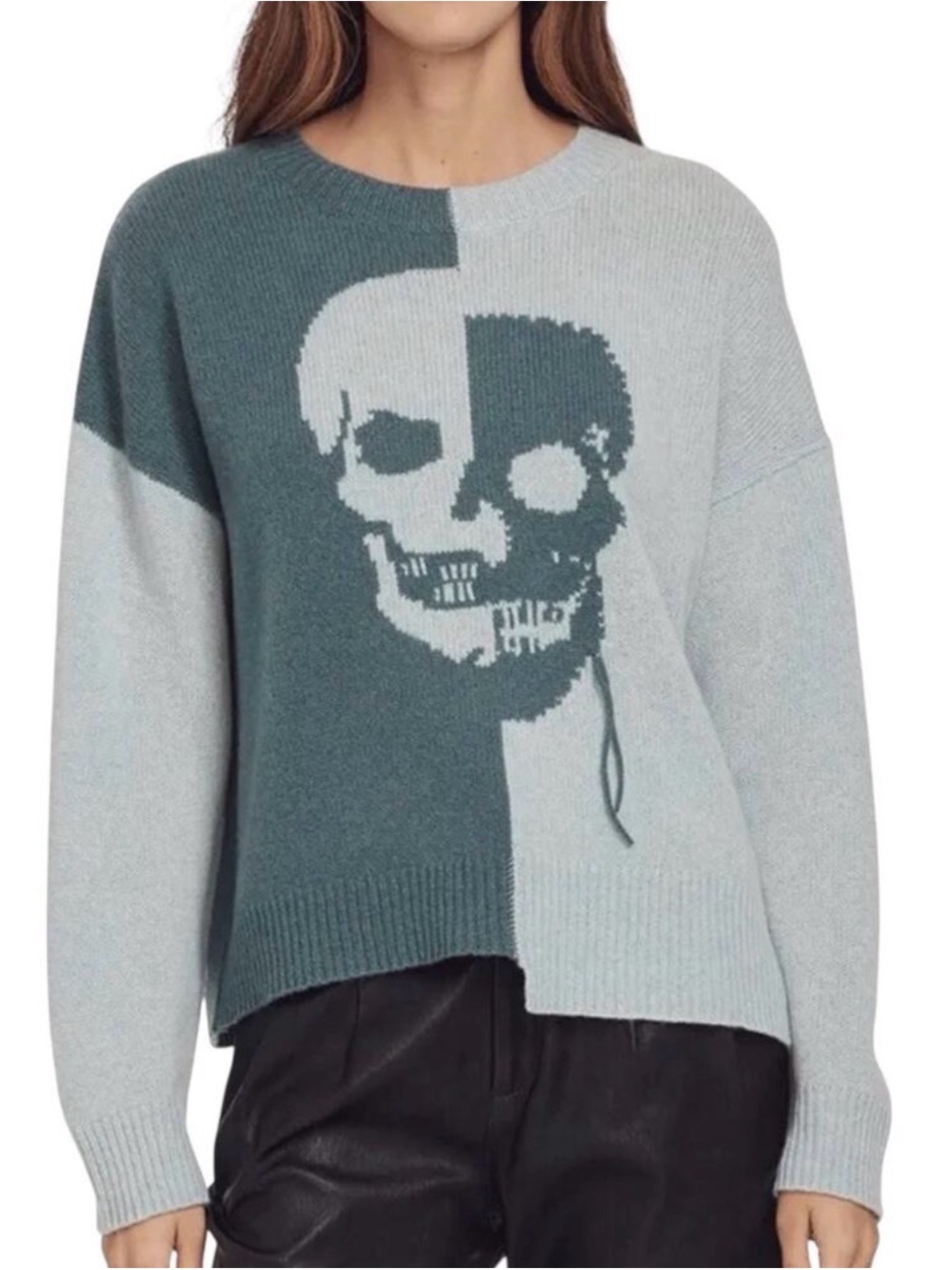 Skull Cashmere Women's Two-Tone Skull Knit Sweater in Teal and Light Gray